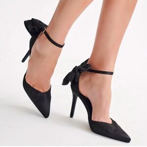 Meshki Charmed Satin Bow Heel in Black